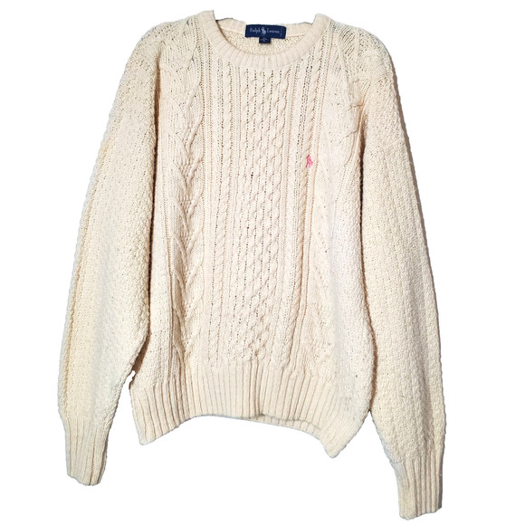 VTG Ralph Lauren Women’s XL Cable Knit Sweater Fisherman IVORY Made In USA - Picture 1 of 7